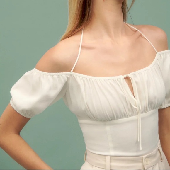 Reformation  Puff Sleeve Smocked Blouse Top in Cream Size 10 - Picture 4 of 15